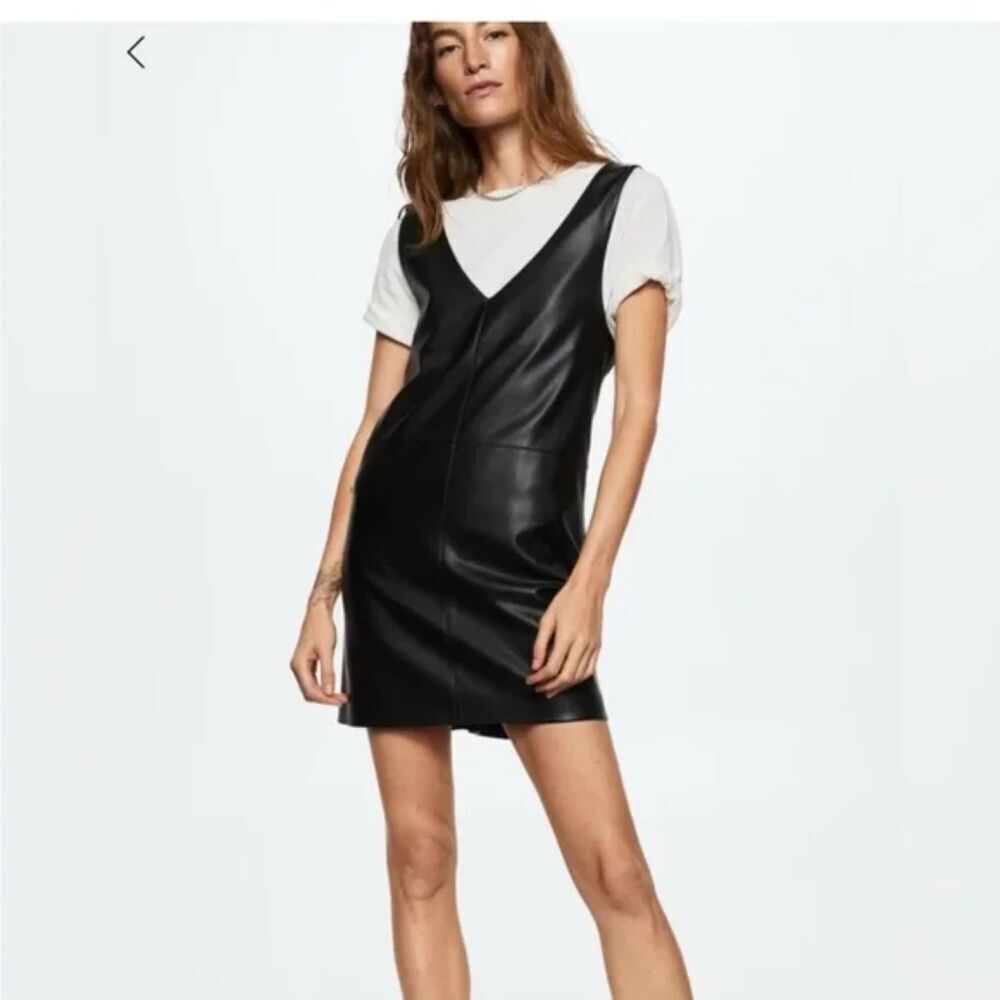 NWT Mango "Dungaree" Black V-Neck Wide Strap Shift Faux Leather Dress size XS